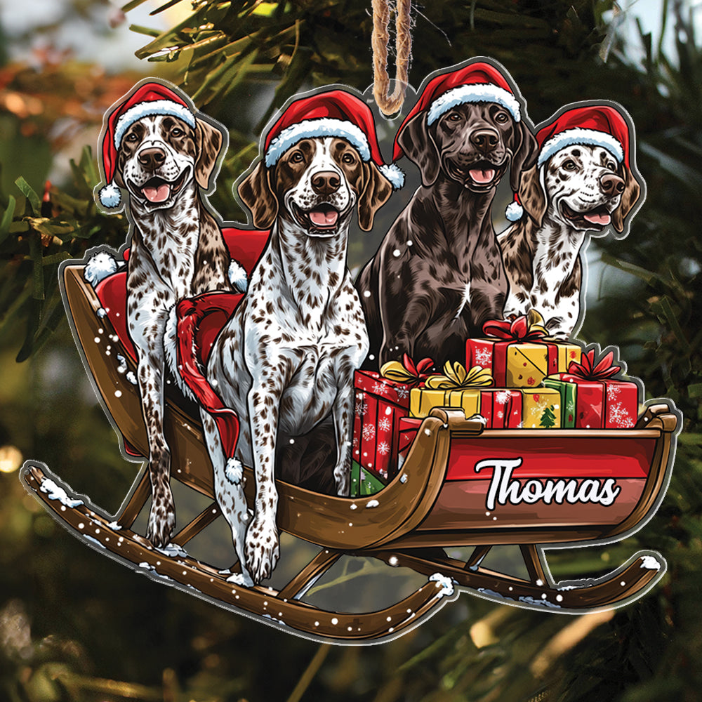 Teesdily | Customized Christmas Dog Ornament, German Shorthaired On Santa SleighOrnament, Dog Mom Border Collie Christmas Gifts