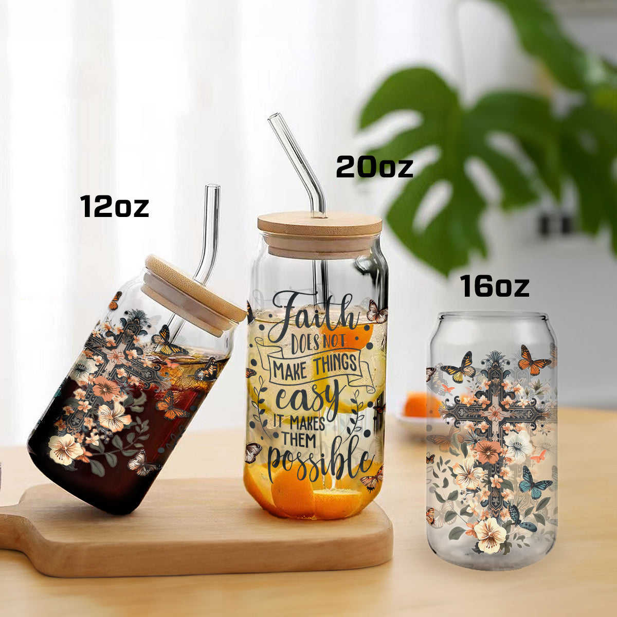 Teesdily | God Cross Flower Glass Can, Faith Does Not Make Things Easy It Makes Them Possible Cup, Jesus Gift, Frosted/ Clear Glass Can With Straw