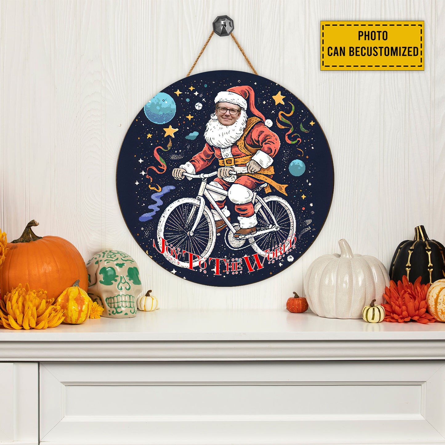 Teesdily | Customized Photo Santa Claus Cycling Wood Sign Joy To The World Christmas Front Door Sign Funny Custom Face Wood Sign Xmas Decor