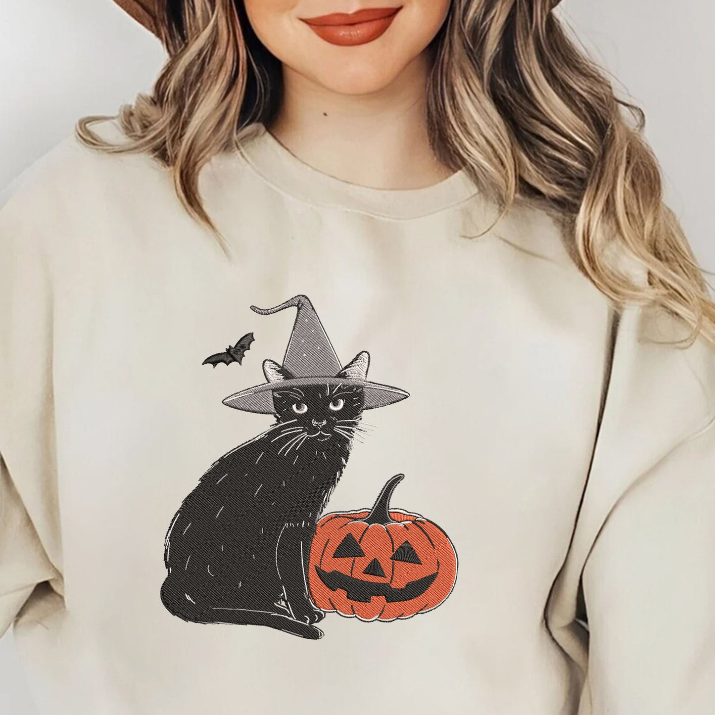 Teesdily | Halloween Cat Pumpkin Embroidered Sweatshirt, Black Cat Witch Embroidery Shirt, Pumpkin Cat Embroidered T-Shirt, Cat Lover Gifts