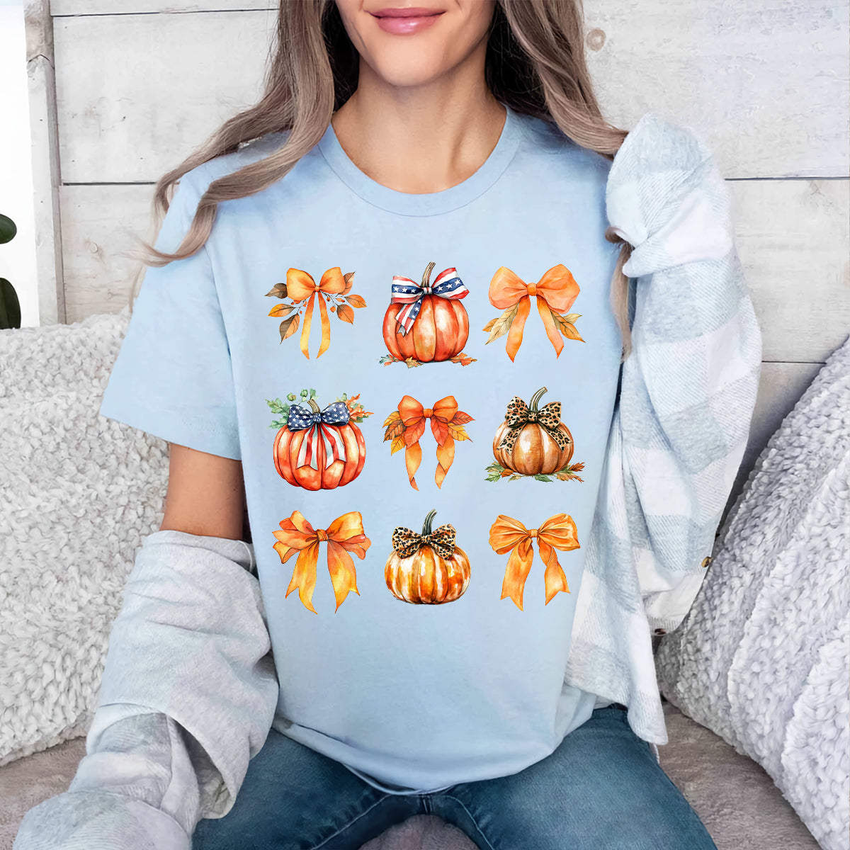 Teesdily | Retro Fall Pumpkin Shirt, Retro Halloween Coquette Bow Spooky Mama Sweatshirt Hoodie Mug, Fall Pumpkin Coquette Bow T-shirt