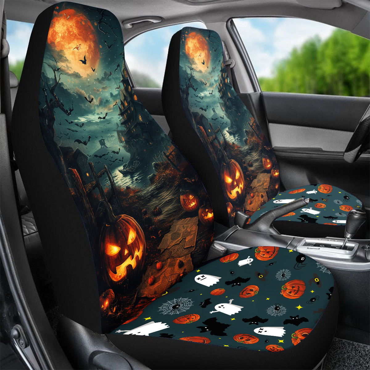 Teesdily | Halloween Hanted House Car Seat Covers, Pumpkin Halloween Ghost Bat Boo Front Seat Cover, Halloween Decor Protection Seats, Halloween Gift