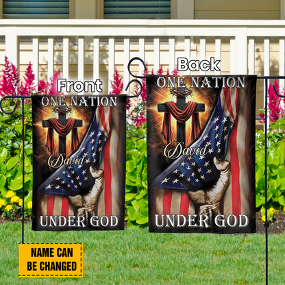 Teesdily | Personalized Jesus Cross American Flag, One Nation Under God Garden Flag, Christian American House Flag, 4th Of July Pastor Gifts