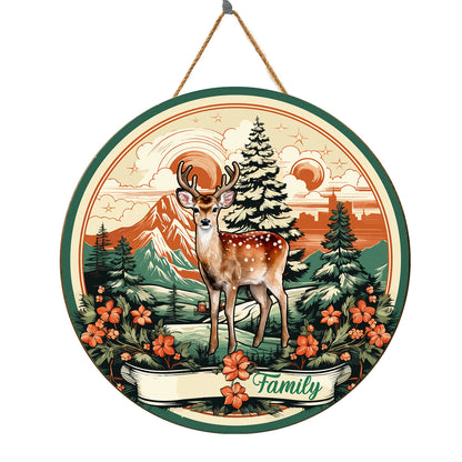 Teesdily | Customizedname Merry Christmas Deer Mountain Landscape Retro Wood Sign Christmas Decor Deer's Lovers Gift Porch Decor