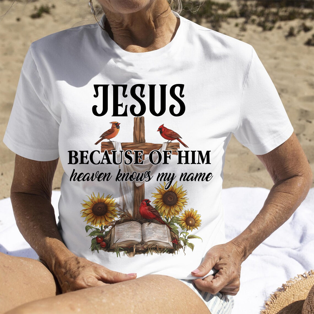 Teesdily | Jesus Christ Cardinal Shirt, Because Of Him Heavens Knows My Name Shirt, Christian Gift, God Believers Unisex Tshirt Hoodie Sweatshirt Mug