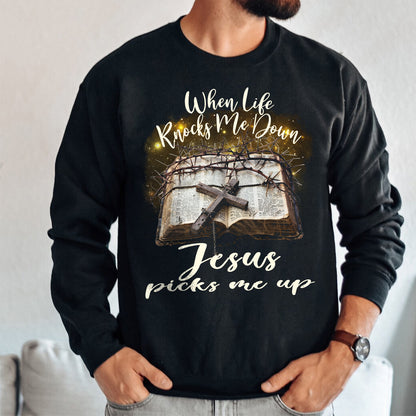 Teesdily | Jesus Cross Bible Book Shirt, When Life Knocks Me Down Jesus Picks Me Up, God Gift, Unisex Tshirt Hoodie Sweatshirt Mug