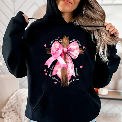 Teesdily | Pink Bow Cross Breast Cancer Shirt, Jesus Breast Cancer Sweatshirt, Together We Fight Cancer Hoodie Mug, Support Warrior Fighter Gift