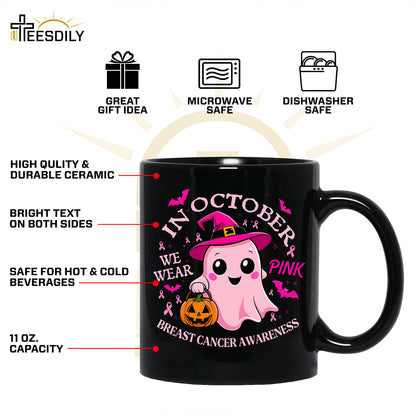 Teesdily | Cute Ghost Breast Cancer Awareness Shirt, In October We Wear Pink Tee Sweatshirt Hoodie Mug, Breast Cancer Support Warrior Gift