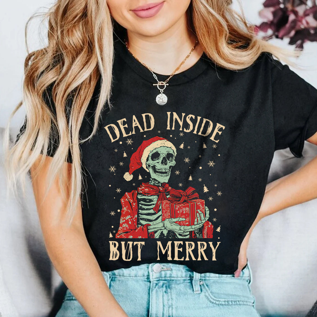 Teesdily | Christmas Skeleton Shirt, Dead Inside But Merry Christmas Sweatshirt Hoodie Mug, Skeleton Santa Tee, Christmas Gift