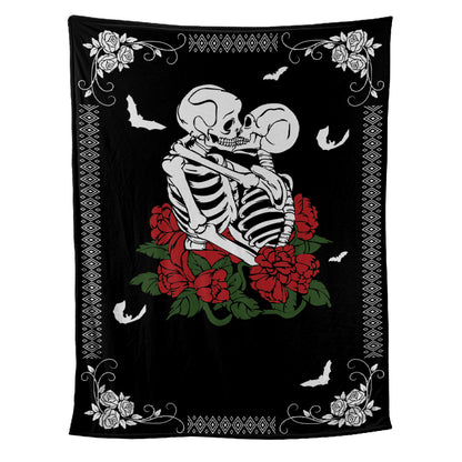 Teesdily | Personalized Skull Throw Blanket Custom Spooky Skeleton Rose Together Forever Fleece Blanket Gothic Skeleton Halloween Couples Funny Gifts