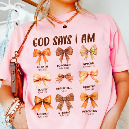 Teesdily | Jesus Thanksgiving Bow Set Shirt, God Says I Am Chosen Forgiven Special Tee Sweatshirt Hoodie Mug, Jesus Lovers Thanksgiving Coquette Gifts