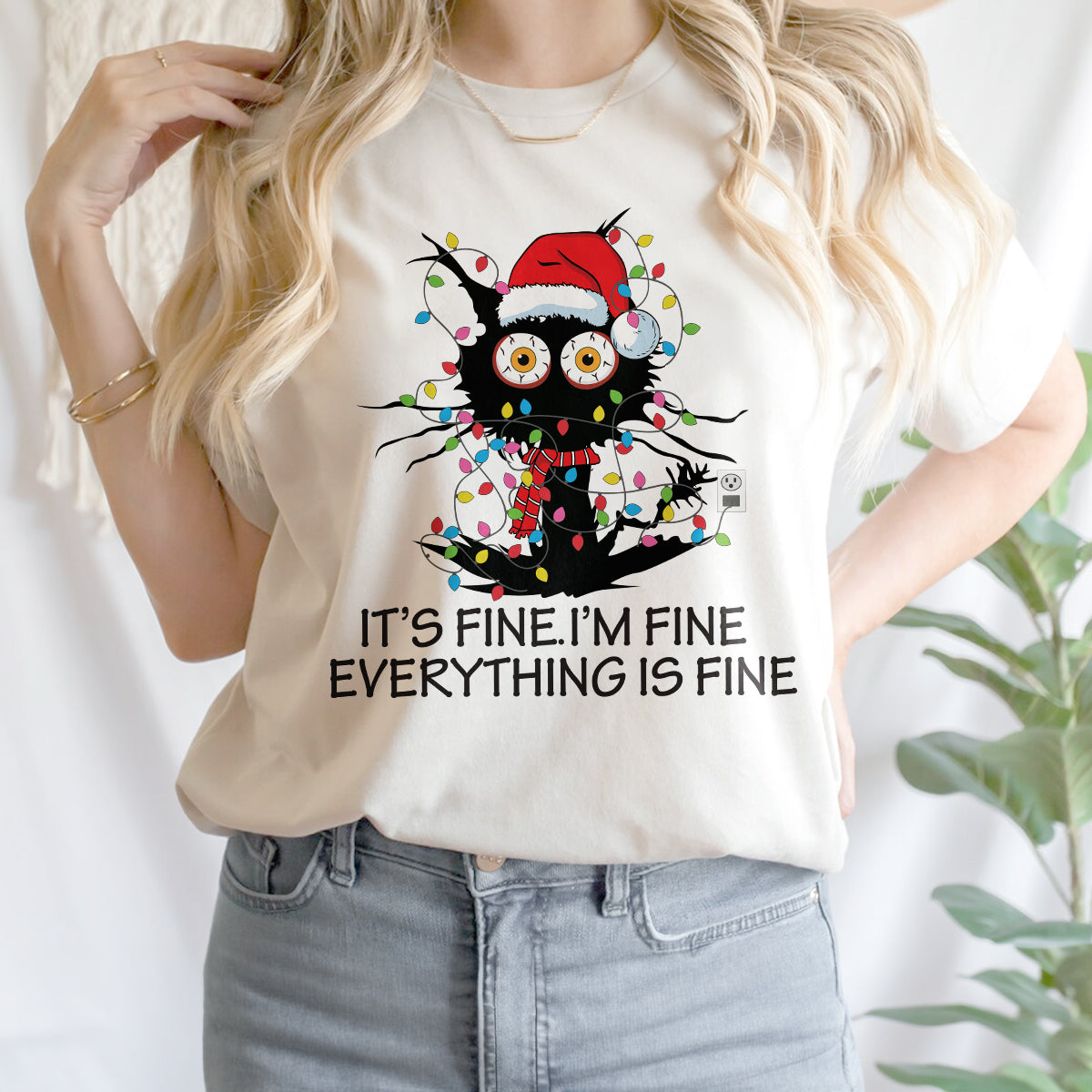 Teesdily | I'm Fine Everything Is Fine Sweatshirt, Christmas Black Cat Santa Shirt, Christmas Light Hoodie Mug, Cat Mom Lover Gift