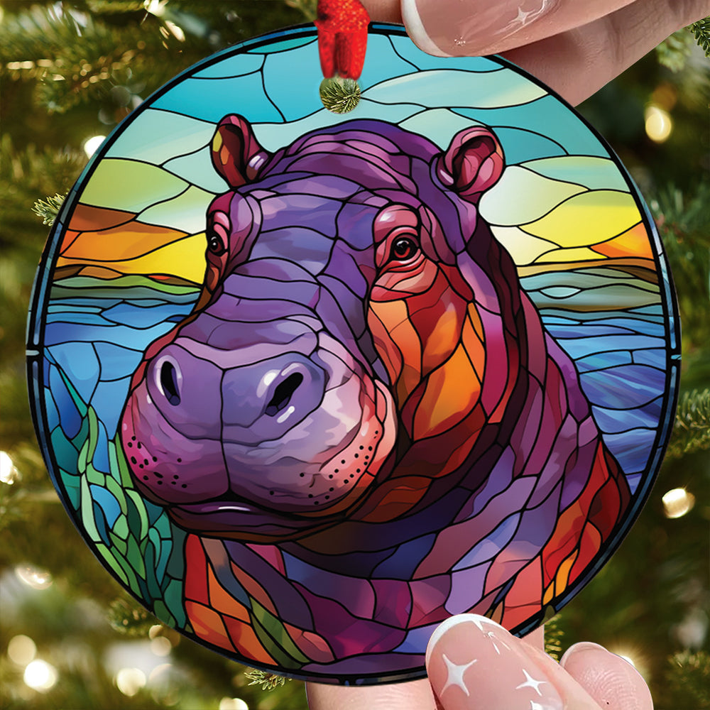 Teesdily | Stained Glass Art Hippo Ceramic Ornament, Hippopotamus Christmas Ornament, Xmas Gift Ornament, Cute Baby Hippo Gift