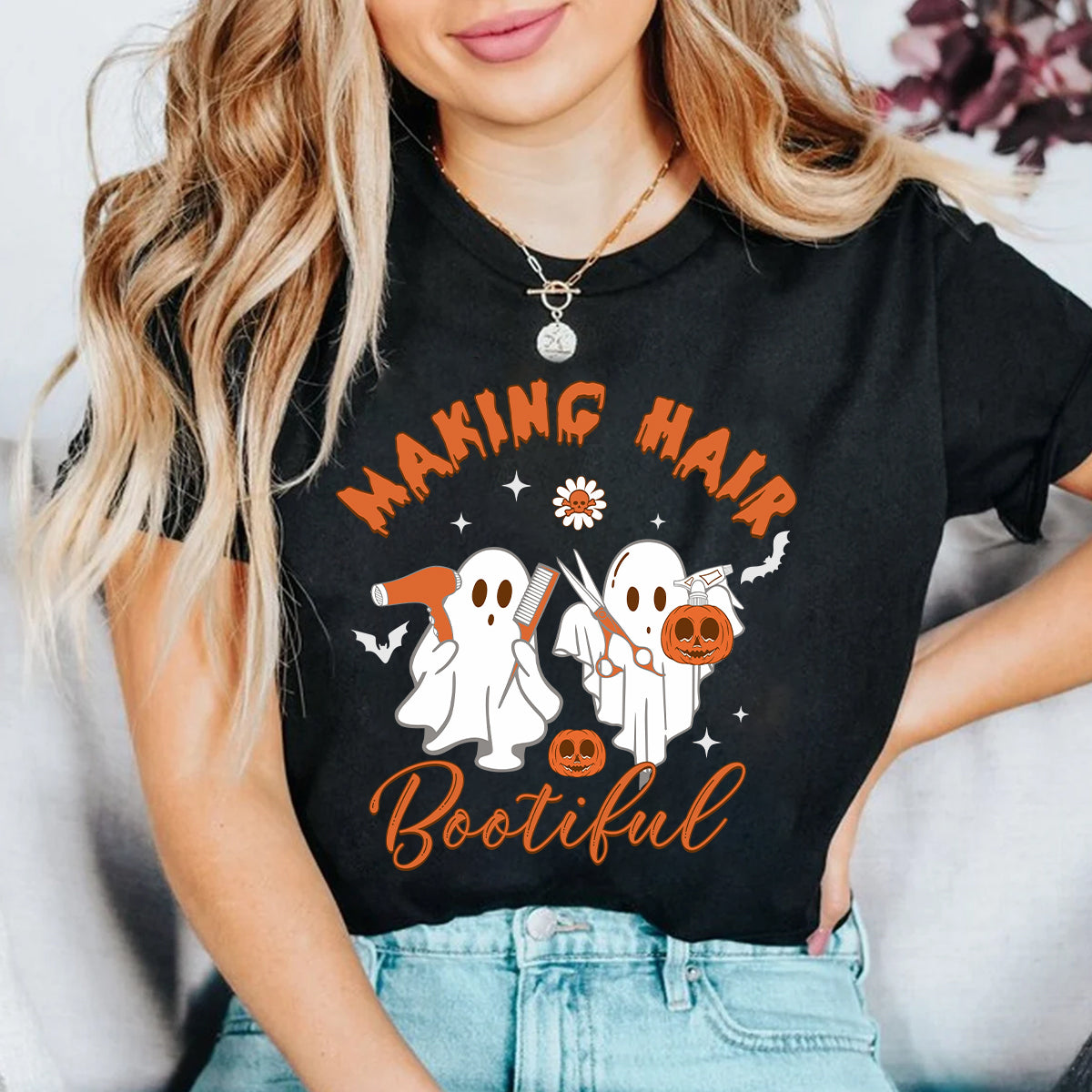 Teesdily | Hairstylist Halloween T-shirt, Making Hair Bootiful Cute Ghost Tee Sweatshirt Hoodie Mug, Halloween Hairdresser Gift, Cute Spooky Gifts