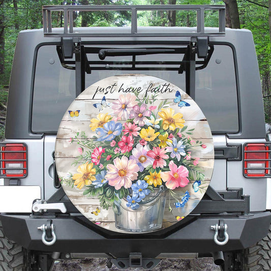 Teesdily | Pansies Blooming Butterfly Spare Tire Cover, Just Have Faith God Wheel Cover, Christian Girl Gifts, Inspiration Spare Tire Cover 27"-34"