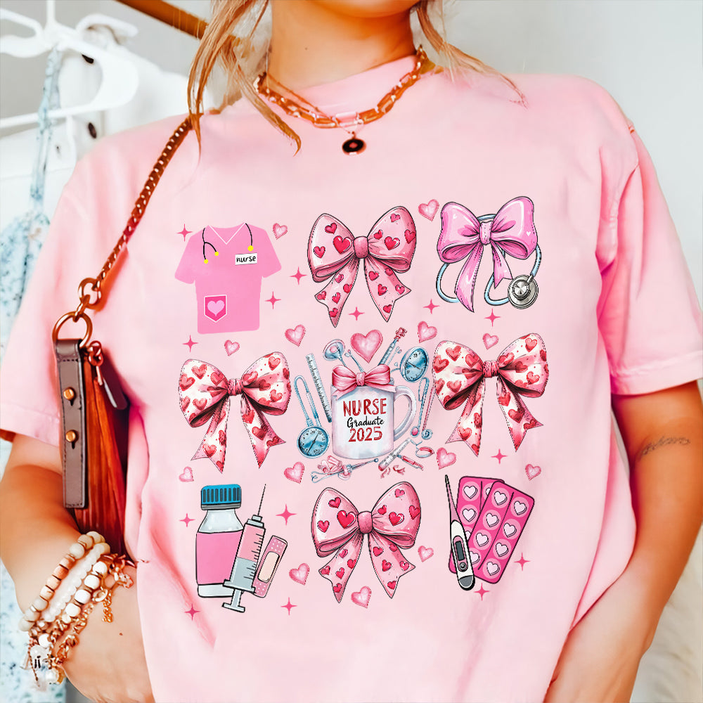 Teesdily | Pink Valentine Nurse Shirt, Valentine Nurse Coquette Bow Sweatshirt, Cupids Favorite Nurse Hoodie Mug, Valentine Gift