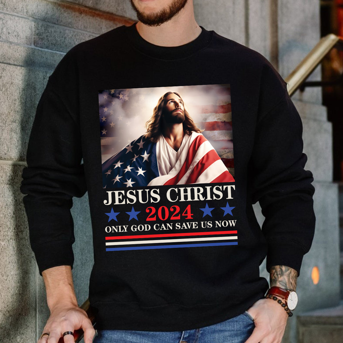 Teesdily | Jesus American Flag Shirt, Jesus Christ 2024 Only God Can Save Us Now Tee Sweatshirt Hoodie Mug, Independence Day Gifts, Jesus Lovers Gifts