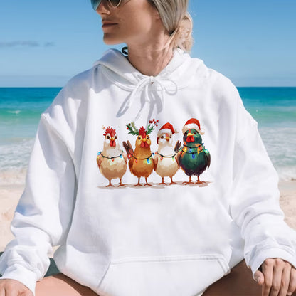 Teesdily | Christmas Chicken Light Shirt, Santa Chicken T-shirt, Farm Animal Sweatshirt, Christmas Farm Hoodie Mug, Chicken Lover Gift