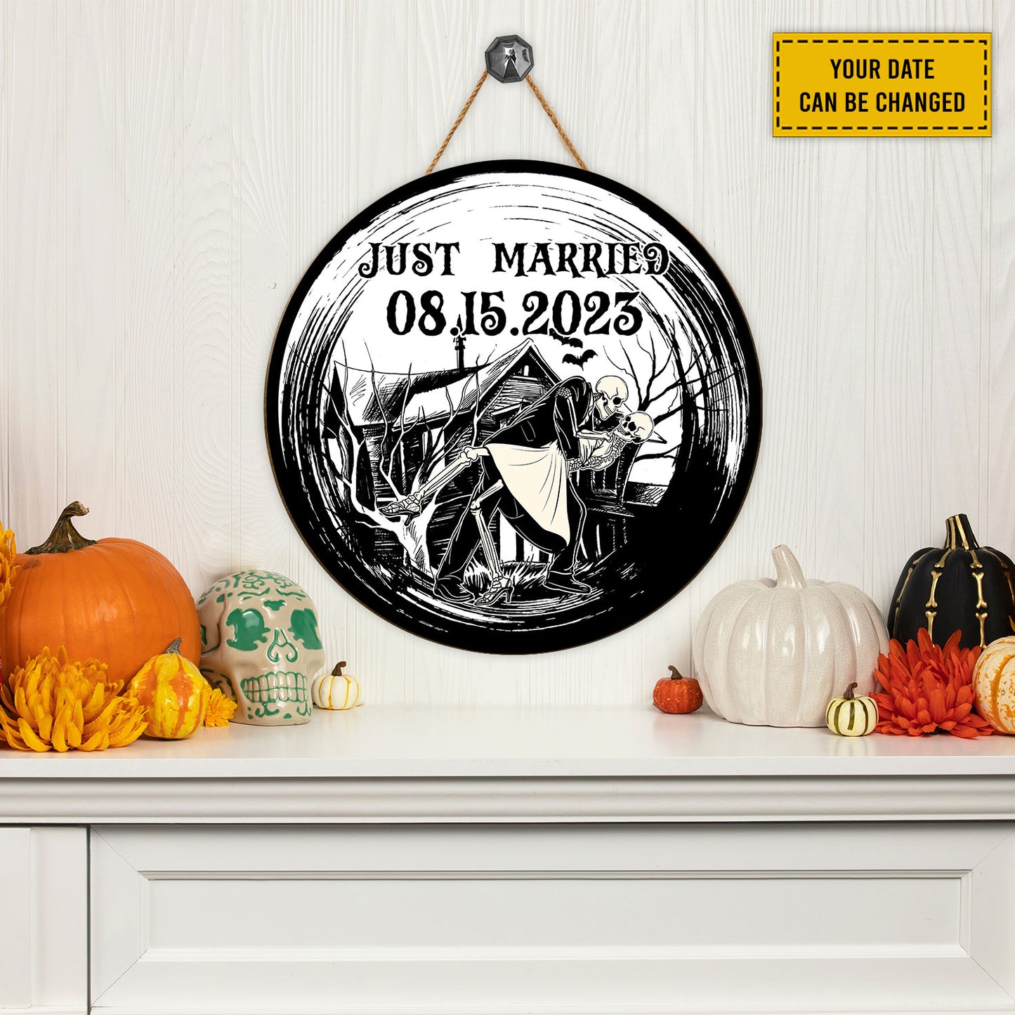 Teesdily | Customized Date Couple Skull Romantic Dance Skeleton Wedding Halloween Wood Sign Halloween Decoration Dorm Welcome Sign