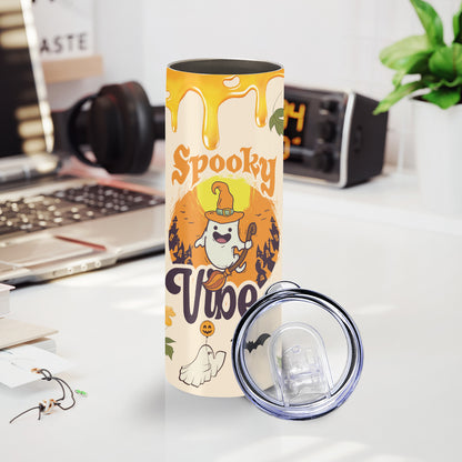 Teesdily | Halloween Spooky Vibes Ghost Skinny Tumbler, Ghost Pumpkin Bat Witch Tumbler 20oz, Cute Ghost Tumbler Cup, Happy Halloween Holiday Gifts