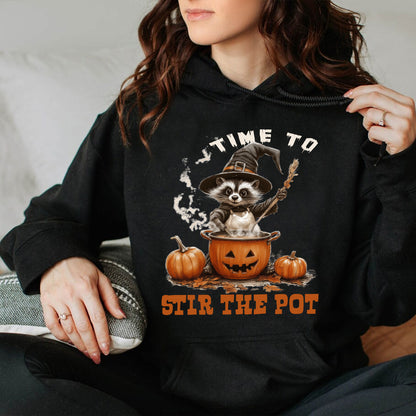 Teesdily | Time To Stir The Pot Witch Halloween Shirt, Funny Raccoon Witch Retro Halloween Sweatshirt, Spooky Season Hoodie Mug Gift