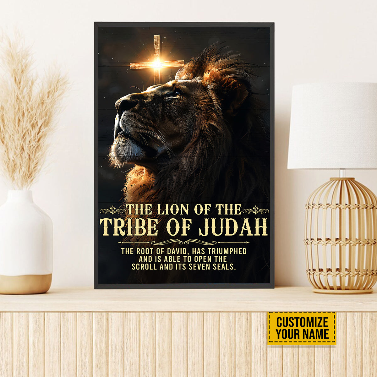 Teesdily | Personalized Jesus Cross Lion Poster, The Lion Of The Tribe Of Judah Poster, Christ Wall Art Bible Quote, Religious Poster Canvas