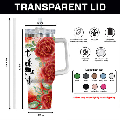 Teesdily | Customized Jesus Red Rose 40 oz Tumbler With Handle, Trust In The Lord With All Your Heart Tumbler Cups, Religious Gifts For Women Faith