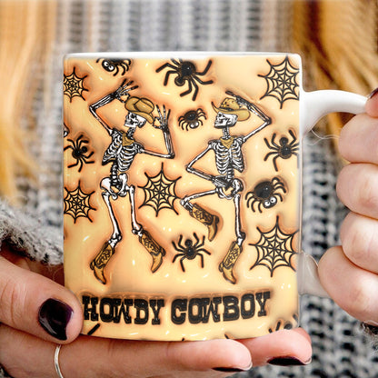 Teesdily | Dancing Skeletons Cowboy Inflated 3d Print Mug, Howdy Cowboy Skeleton Mug, Spooky Vibes Halloween Mug, Funny Halloween Gifts