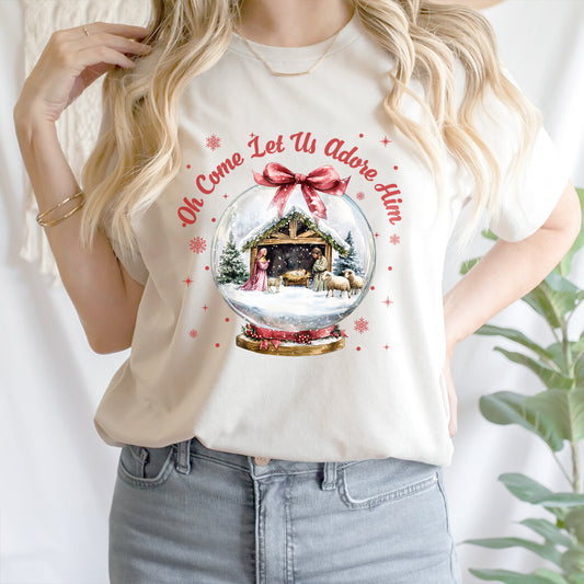 Teesdily | Nativity Scene Christmas Coquette Jesus Shirt, Oh Come Let Us Adore Him Sweatshirt Hoodie Mug, Oh Holy Night Shirt Xmas