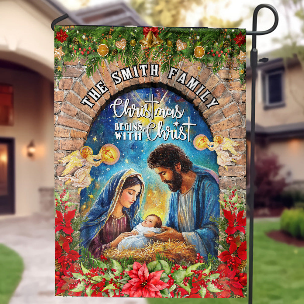 Teesdily | Customized Christmas Begins With Christ Garden Flag, Holy Family Jesus Christmas Flag House, Religious Christmas Gift