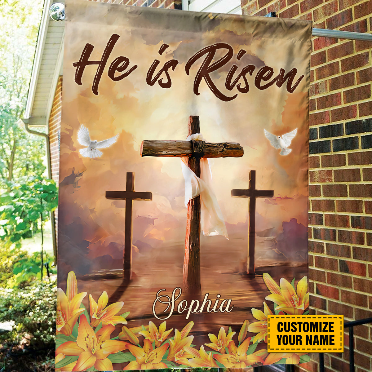 Teesdily | Jesus Christ Cross Customized Garden Flag He Is Risen Lily Floral House Flag Easter Day Home Garden Outdoor Decor