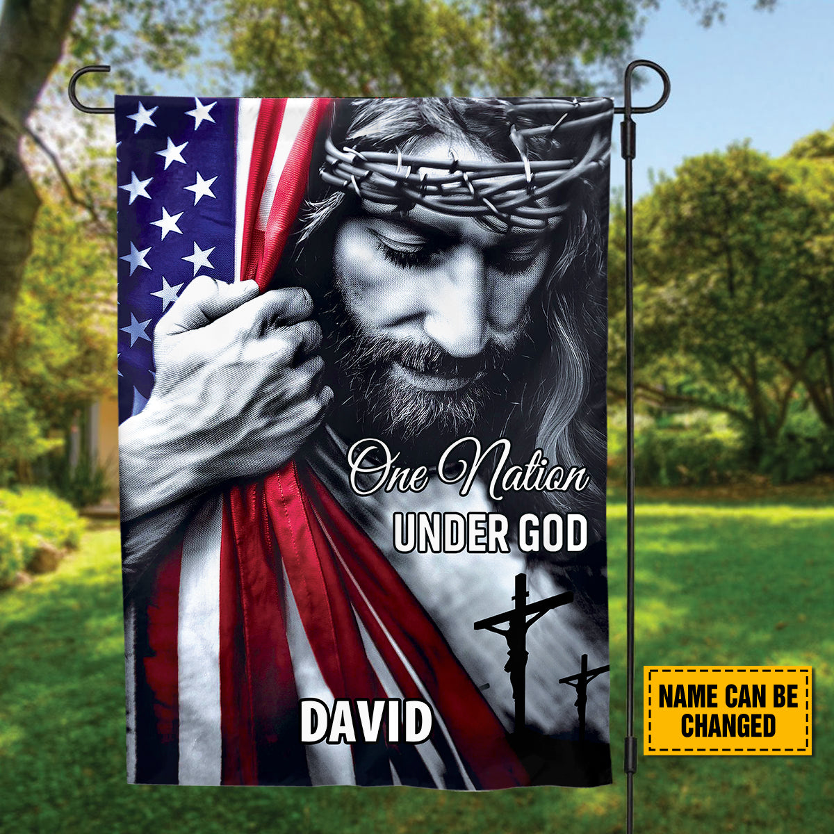 Teesdily | Customized American Flag Jesus Yard Sign, One Nation Under God Christian American Garden Metal Sign, Jesus Lover Gift