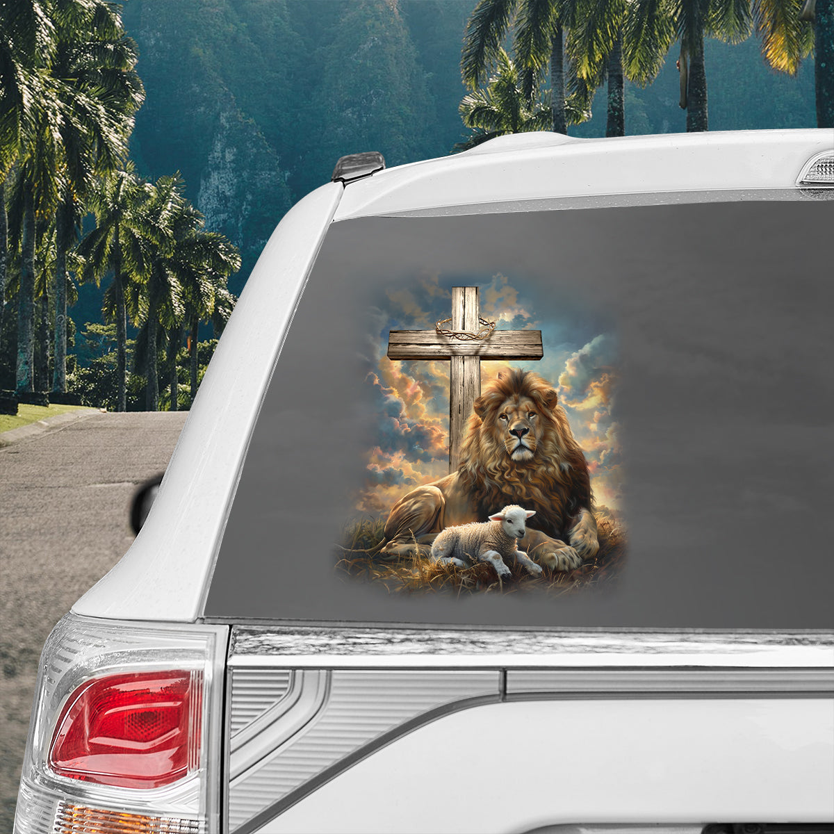 Teesdily | Lion And Lamb Car Vinyl Decal, Lion Of Judah Lamb Of God Decal Stickers For Cars, Christian Carsticker, Jesus Window Glass Vinyl Decal