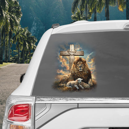 Teesdily | Lion And Lamb Car Vinyl Decal, Lion Of Judah Lamb Of God Decal Stickers For Cars, Christian Carsticker, Jesus Window Glass Vinyl Decal