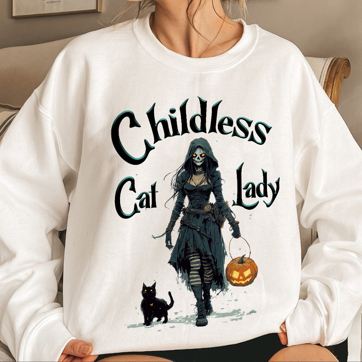 Teesdily | Childless Cat Lady Shirt, Halloween Pumpkin Witch And Cat Sweatshirt, Witchy Black Cat Hoodie Mug, Skeleton Witch T-shirt