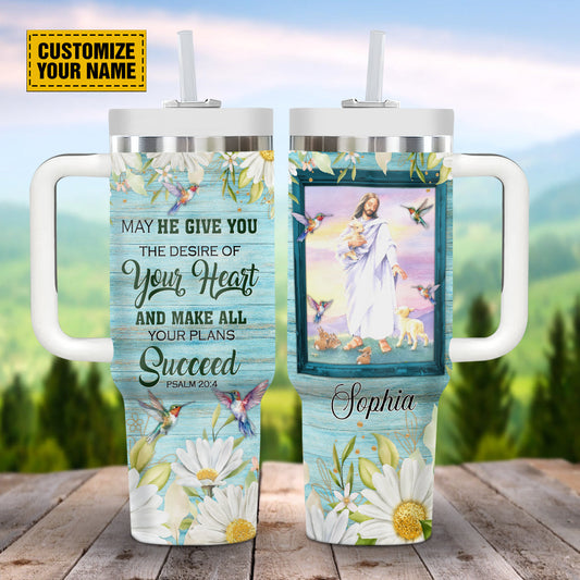 Teesdily | Customized Jesus Hummingbird Tumbler, May He Give You The Desire Of Your Heart Travel Tumbler, God Faith Believers Gifts, Daughter Gifts