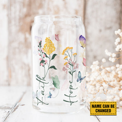 Teesdily | Customized Jesus Flowers Glass Can, Jesus Butterfly Coffee Cup, Faith Hope Love Can, God Lover Gift, Frosted / Clear Glass Can With Straw