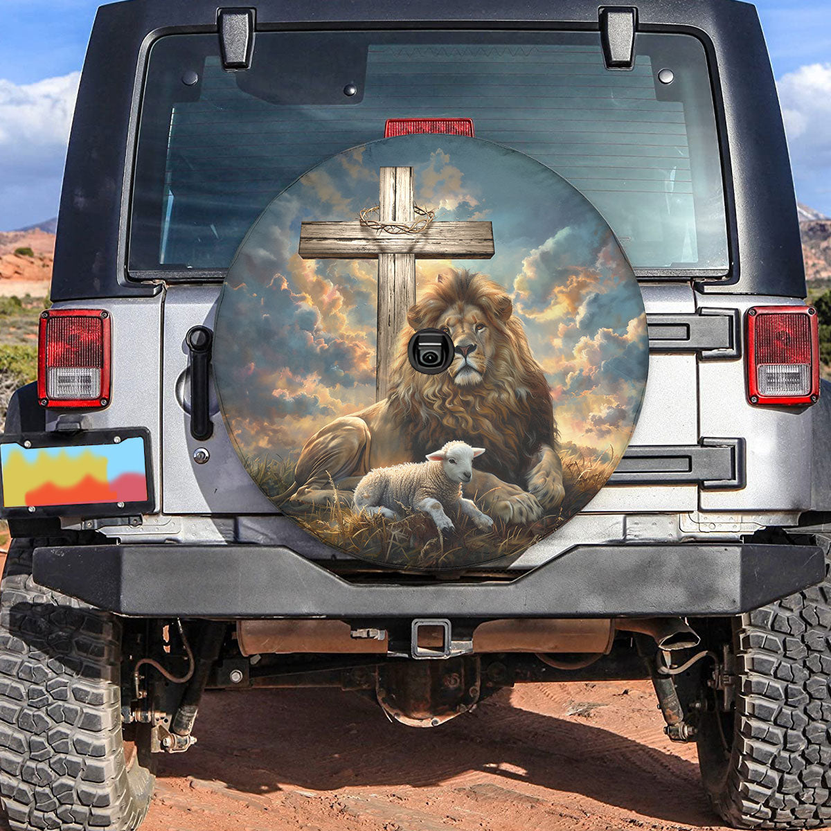 Teesdily | Lion And Lamb Spare Tire Cover, Lion Of Judah Lamb Of God Tire Wheel Cover, Christian Car Accessories, Jesus Christ Durable Tire Protector