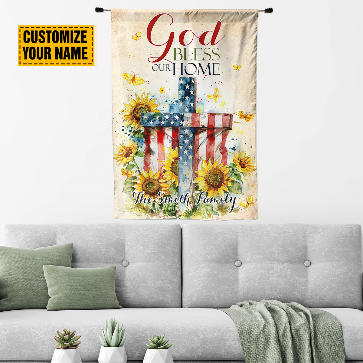 Teesdily | Custom Cross Sunflower Flag Yard, God Bless Our Home Flag, Jesus Lover Gift, Independence Day Gift, Patriotic Garden House Flag