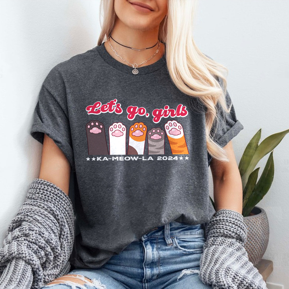 Teesdily | Let's Go Girls Childless Cat Lady Shirt, Ka-meow-la 2024 T-shirt, Cute Cat Lady Sweatshirt Hoodie Mug, Comma La T-shirt