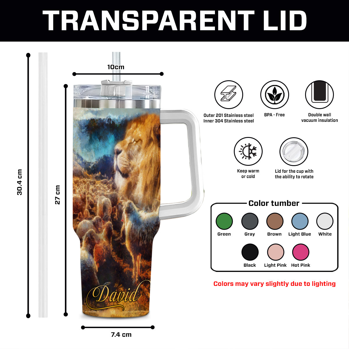 Teesdily | Customized Jesus Lion Lamb 40oz Tumbler With Handle, The Lord Is My Shepherd Personalized Tumbler, Christian Tumbler With Lid Gifts