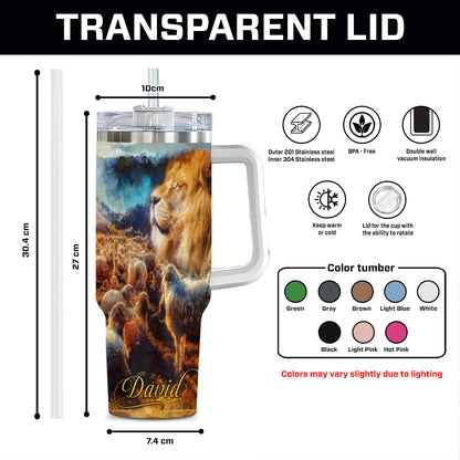 Teesdily | Customized Jesus Lion Lamb 40oz Tumbler With Handle, The Lord Is My Shepherd Personalized Tumbler, Christian Tumbler With Lid Gifts