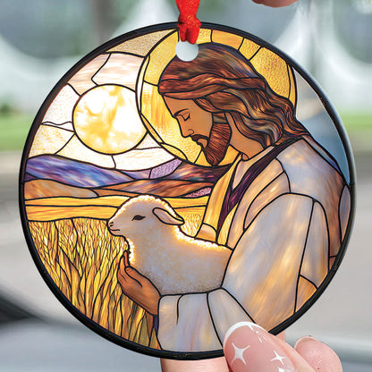 Teesdily | Jesus And Lamb Ornament Christmas, Jesus Christ Sheep Flower Stained Glass Printed Ornament 2D, Christmas Decor Gift