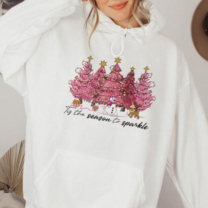 Teesdily | Pink Christmas Tree Snowman Christmas Shirt, Tis The Season To Sparkle Tee Sweatshirt Hoodie Mug, Christmas Gift