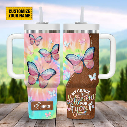 Teesdily | Personalized Butterfly Tumbler With Lid, My Grace Is Sufficient For You 40 oz Tumbler, Spiritual Gifts For Women, 40oz Stainless Steel Cup