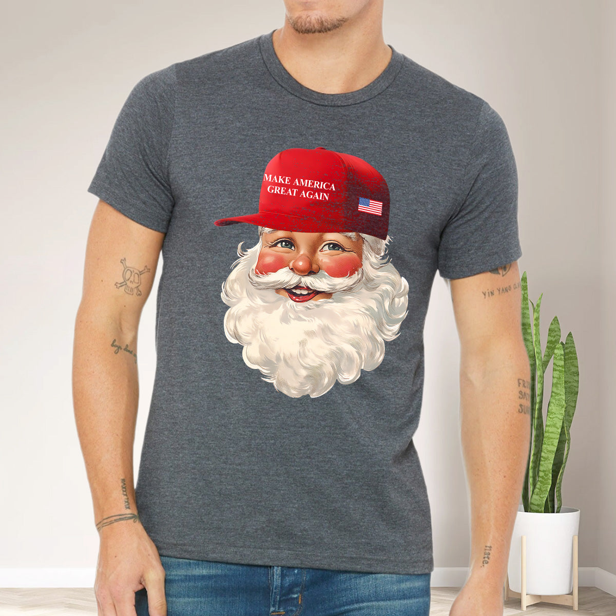 Teesdily | Santa Make Christmas Great Again Shirt, Funny Santa Christmas Sweatshirt, American Flag Santa Hoodie Mug, Xmas Gift