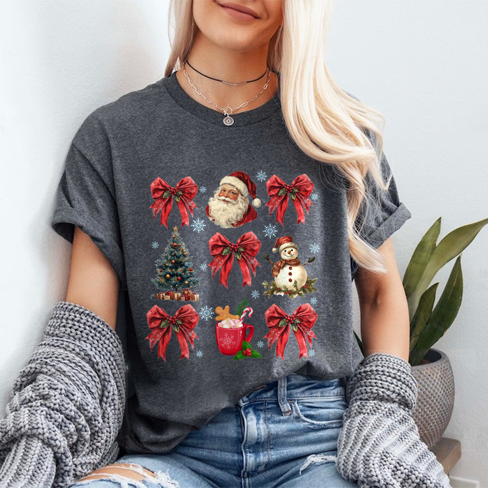 Teesdily | Christmas Coquette Bow Santa Shirt, Christmas Tree Snowman Mug Sweatshirt Hoodie, Retro Merry Bright Tee