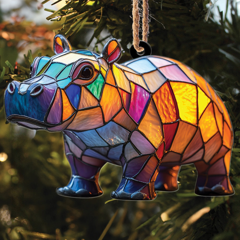 Teesdily | Cute Colorful Mosaic Hippopotamus Christmas Ornament, Stained Glass Design Hippo Xmas Gift Ornament, Hippo Lovers Gift