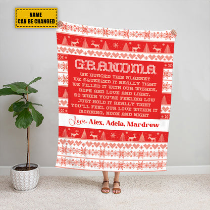 Teesdily | Grandma Christmas Knitting Print Customized Blanket Gift From Grandkid Custom We Hugged This Blanket Christmas Holiday Knitting Pattern