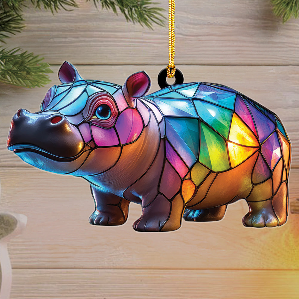 Teesdily | Cute Colorful Mosaic Hippopotamus Christmas Ornament, Stained Glass Design Hippo Xmas Gift Ornament, Hippo Lovers Gift